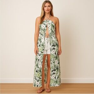 Tropical Floral Open-Front Halter Green and White Long Kimono Dress Size: M/L